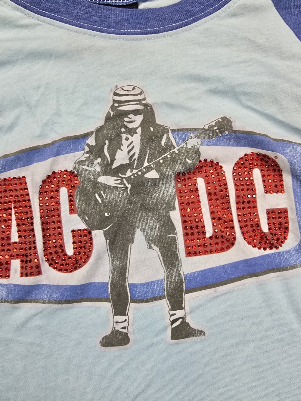 Junk Food AC/DC Cobo Arena 1981 Raglan Tee Womens M Studded Graphic Blue